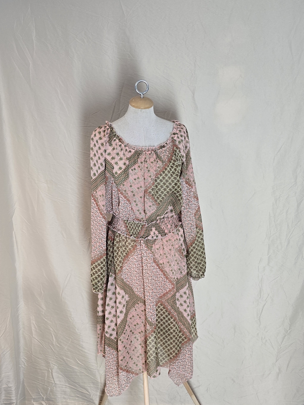 Boho Patchwork Pink and Olive Midi Dress